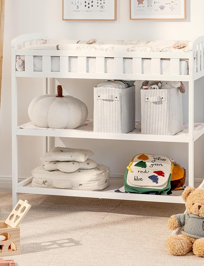 StorageWorks Narrow Storage Bins, Small Basket for Closet and Shelves, Rectangular Fabric Organizer with Handles, Toilet Paper Storage, Gray and White Stripes, 2-Pack