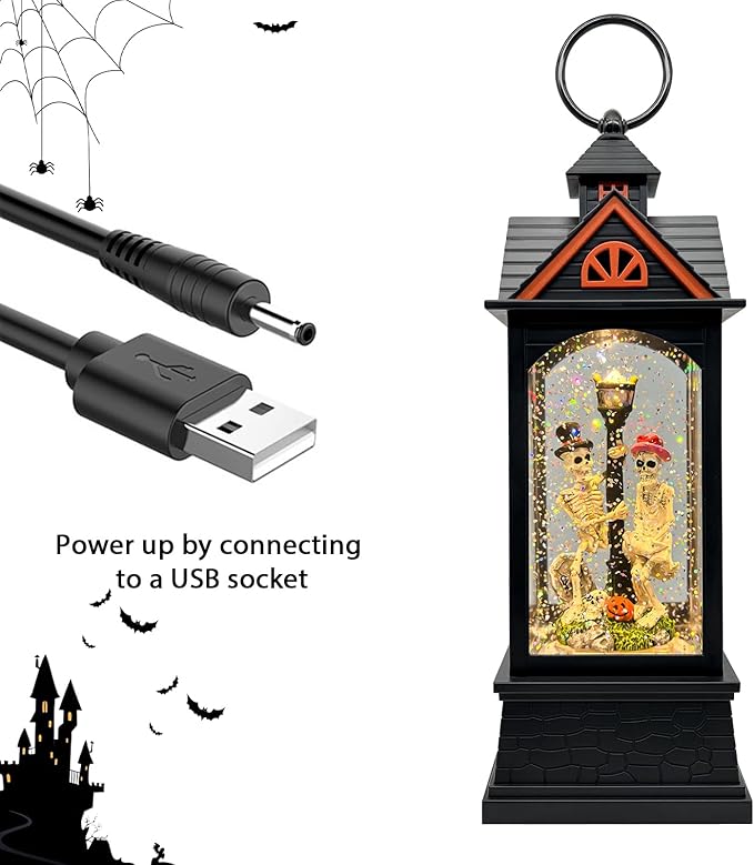 Halloween Snow Globe Lantern with 6 Hour Timer,Halloween Decorations Indoor for Home,Halloween Decor,USB or Battery Powered for Halloween Lanterns,Halloween Skeleton-A