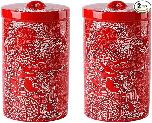 Porlien Chinese Dragon Porcelain 15-ounce Canisters Set of 2, Food Storage Containers with Lid for Coffee Beans, Tea, Condiments & Nuts