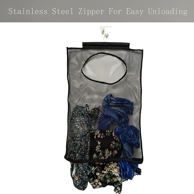 Hanging Mesh Laundry Hamper (30in*20in*2in) Large Dirty Clothes Bag, Can Be Used Behind The Door & Closet & Caravan& Bathroom (Black)