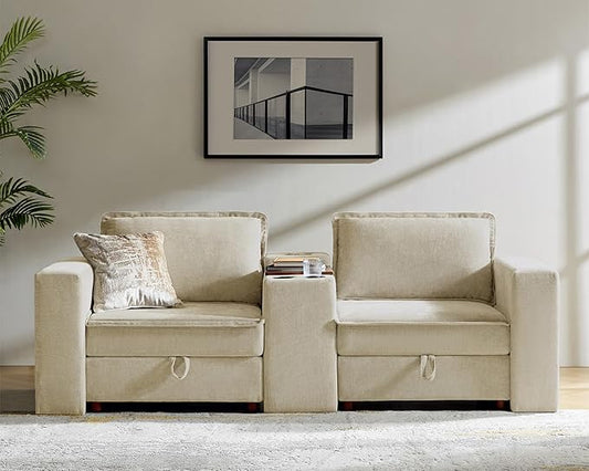 HULALA HOME 88" Loveseat Sofa with USB Port and Console, Oversized 2 Seater Sofa with Storage Ottoman, Comfy Upholstered Loveseat Couch for Living Room Bedroom, FSC Certified, Beige