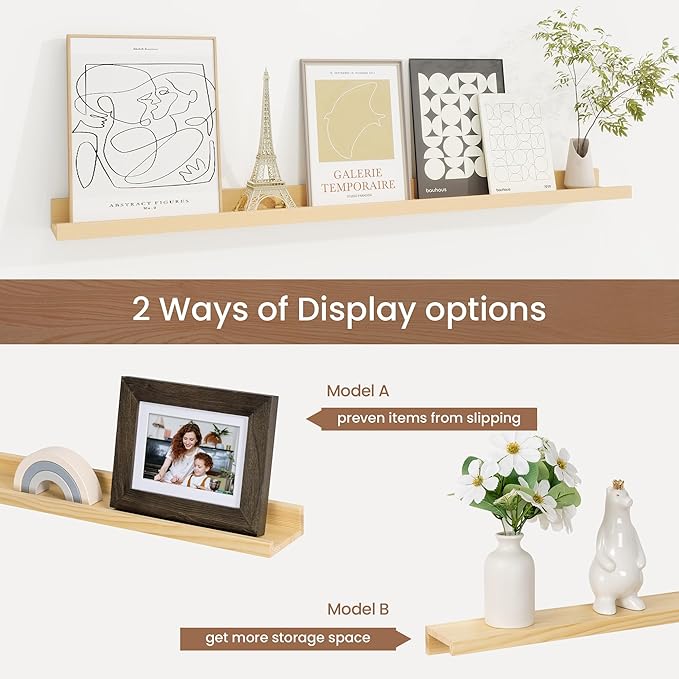 Picture Ledge Shelf, Solid Pine Wood Floating Shelves Set of 2, 32 Inches Nursery Book Shelves for Toys Storage, Kids Bookshelf Wall Mounted for Living Room Decor Photo Frames, Unfinished Natural