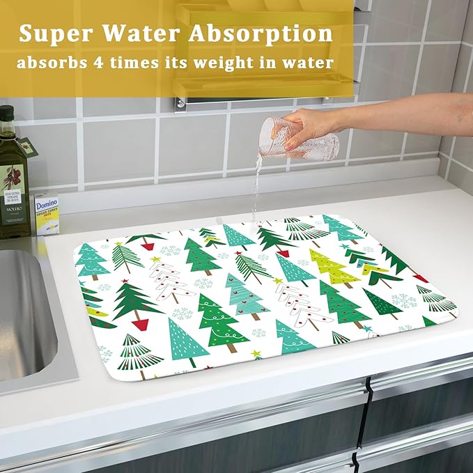 Green Trees Dish Drying Mat for Kitchen Counter Holiday Super Absorbent Reversible Microfiber Kitchen Countertop Protector Dishes Pad Large 18x24 inch