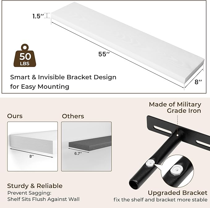 RICHFOCUS 55Inch Floating Shelves for Wall 1 Pack Shelves for Bedroom|Kitchen|Bathroom Wall Mounted Rustic Wood Floating Shelf with Invisible Brackets for Books|Storage|Decor, White