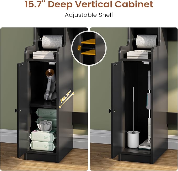 Itaar Over The Toilet Storage Cabinet, Over Toilet Bathroom Organizer with Glass Doors & Toilet Paper Holder Stand, Home Space-Saving Toilet Rack, for Bathroom, Restroom, Laundry(Black)