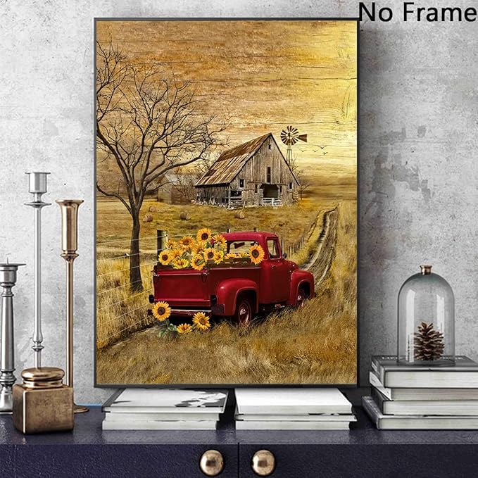 Barn Prints Farmhouse Old Barn Vintage Farmhouse Canvas Wall Art Red Truck Wall Art Old Truck Red Canvas House Pictures Wall Decor Old Barn Sunflower Pictures 16x24inch No Frame
