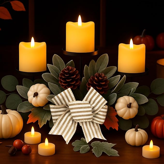 Fall Modern Farmhouse Table Centerpieces with 3 Wick Candle Holders Fall White Pumpkin Bow Candle Holders with Artificial Eucalyptus Leaves Autumn Lambs Ear Holly Berries and Striped Bow