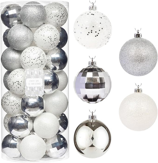 Every Day is Christmas Ornaments, Shatterproof Christmas Tree Ornament Set, Christmas Balls Decoration 35 Count (2.75"/70mm, White Silver)