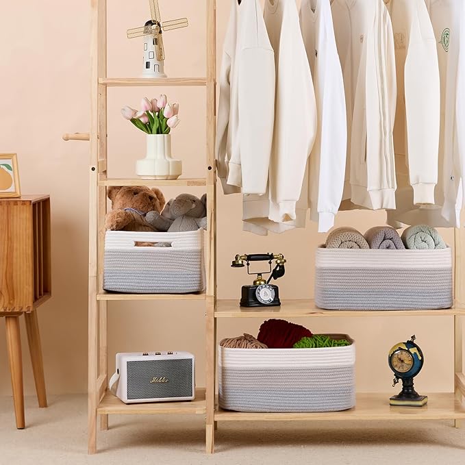 Large Storage Baskets for Shelves, Closet Organizers Bins for Clothes Blanket Towels, Baby Nursery, Toy Baskets Box, Woven Rope Baskets, 17 x 13 x 7.5”, 2 Packs Gradient Grey