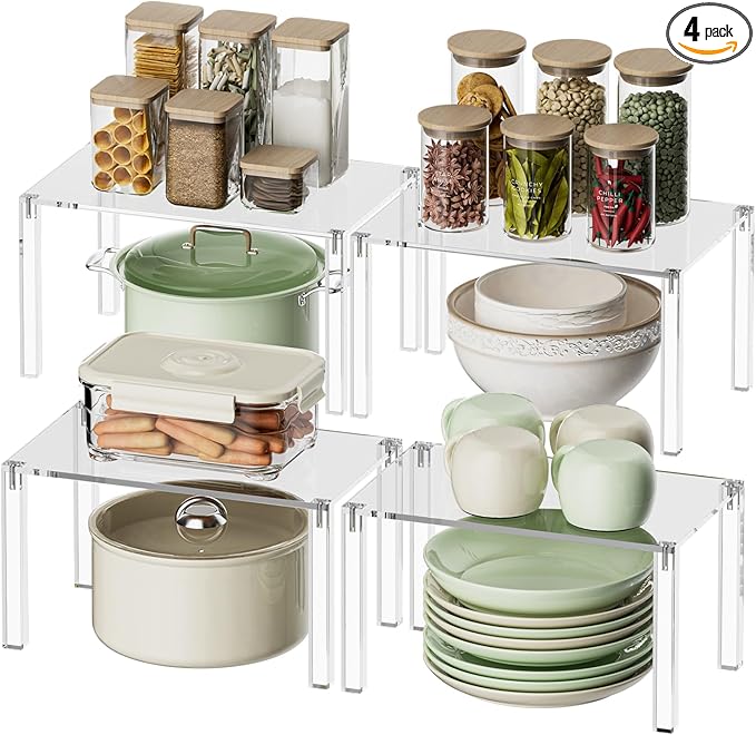 Clear Cabinet Organizer: Acrylic Shelf Riser Set of 4 for Kitchen Pantry Organizers and Storage - Countertop Spice Rack for Cabinet - Stackable Display Shelf Decor for Gift