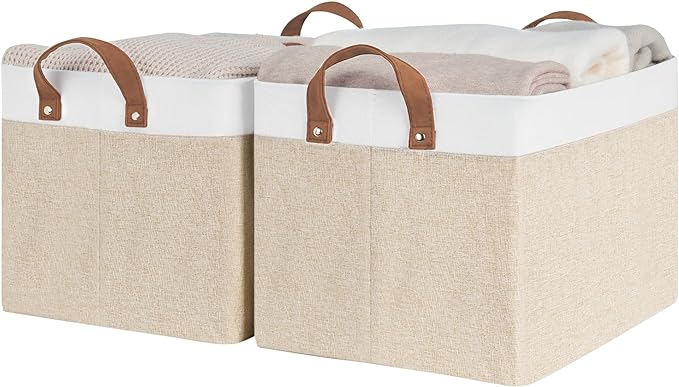 StorageWorks Storage Bins, Fabric Storage Bins for Shelves, Large Storage Baskets with Metal Frame, Closet Baskets and Bins with Handles, Brown and White, 2-Pack