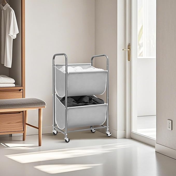 STORAGE MANIAC 80 Liters Vertical Rolling Laundry Hamper, 2 Section Laundry Sorter with Wheels and 2 Breaks, 2-tier Laundry Baskets for Small Space, Dorm, Laundry Room, Closet, Bathroom, Gray 2-tier