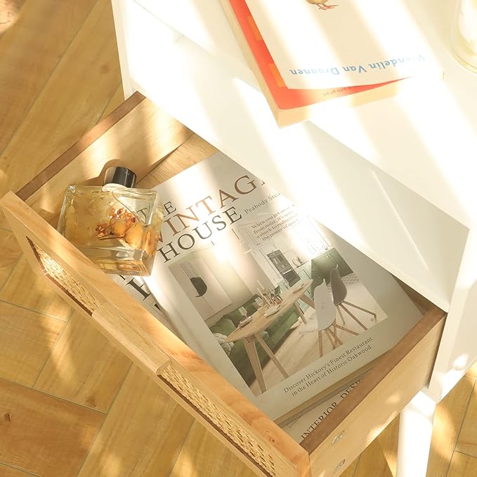 MaxSmeo White Nightstand with Drawer, Mid Century Modern Nightstand, Rattan Side Table, End Table with Storage for Living Room, Bedroom and Small Spaces, Easy Assembly (White)