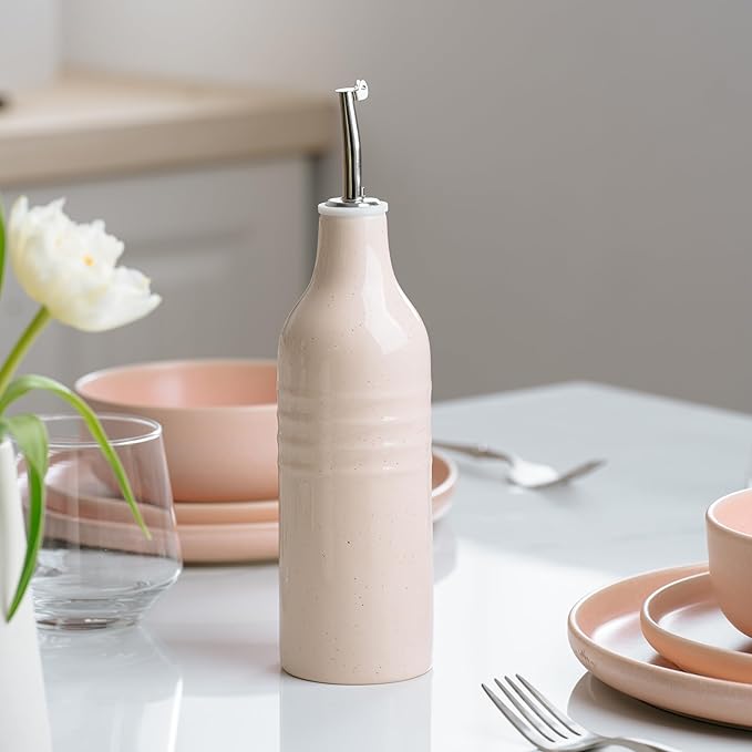famiware Jupiter 16oz Ceramic Olive Oil Dispenser Bottle, 1 Piece Oil Dispenser for Kitchen with Stainless Steel Pourers, Suitable for Storage Vinegar, Soy Sauce, Coffee Syrup, Light Pink