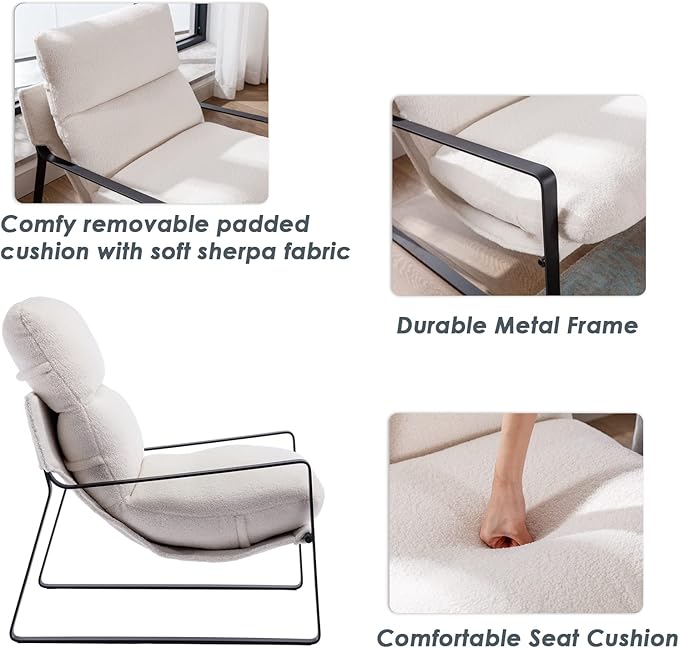 DUOMAY Modern White Sherpa Accent Chair, Comfy Lounge Lazy Chair with Metal Leg, Mid-Century Corner Arm Chair for Living Room Bedroom Office Apartment