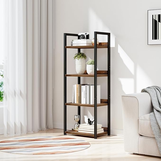 NUMENN Narrow Bookshelf, 4 Tier Bookshelves, Home Office Bookcase Shelf Storage Organizer, Free Standing Storage Shelving Unit for Bedroom, Living Room and Home Office, Vintage