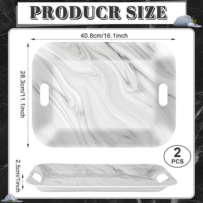 gisgfim 2Pcs Marble Serving Trays with Handles 16 x 11 Inch Large Melamine Tray Rectangular White Marble Serving Platter Grey Tray Melamine Dishes for Serving Food Outdoor Dinner Dessert Plates Party
