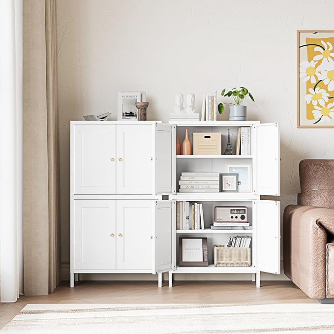 Letaya Storage Cabinet with Doors and Shelves,Small Freestanding Bathroom Floor Metal Cabinets -White