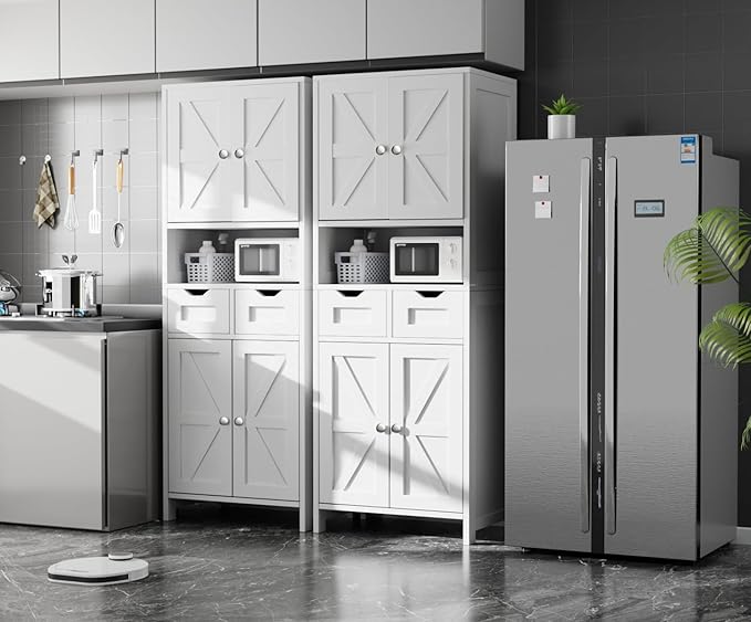 ANWBROAD 67” Bathroom Storage Cabinet Tall Storage Cabinet with Adjustable Shelves and Drawers Freestanding for Bathroom Kitchen Pantry Living Room Cabinet USBC002W