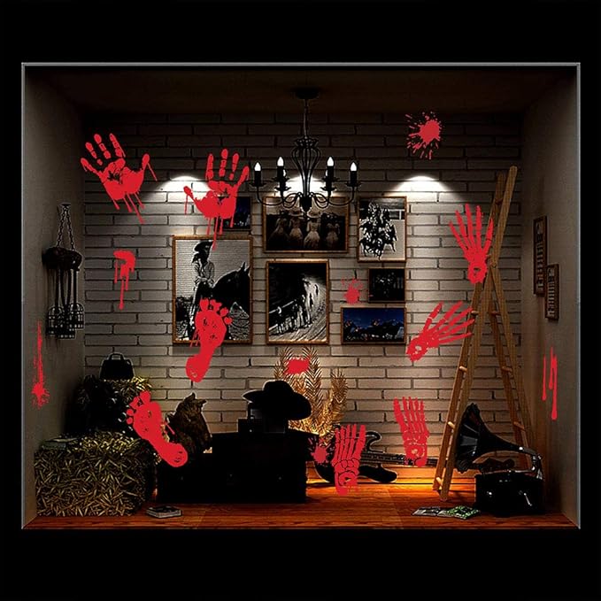 Halloween Bloody Handprint Footprint Window Stickers Wall Stickers for Halloween Party Decorations Inside Outside Decor Come with Plastic Scraper Tools 2pcs