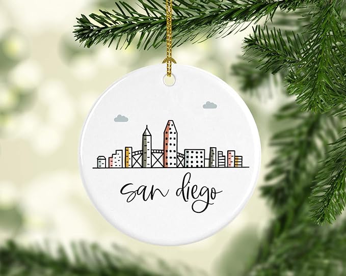 Andaz Press Round Ceramic Porcelain Christmas Tree Ornament Keepsake, San Diego Colorful City Skyline Graphic, 1-Pack, Birthday Gift Ideas Family Coworker Him Her, Includes Gift Box
