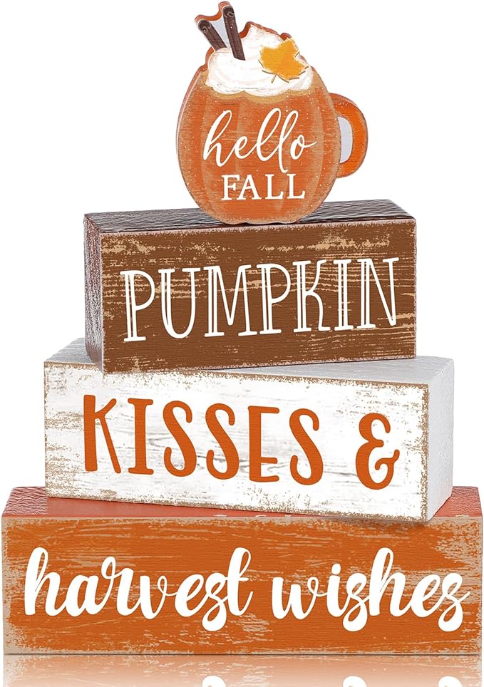 4 Pcs Fall Decor for Home Hello Fall Wooden Signs with Sayings Autumn Thanksgiving Tiered Tray Decor Pumpkin Ice Cream Tabletop Centerpiece Harvest Wishes Block Signs for Office Kitchen Shelf