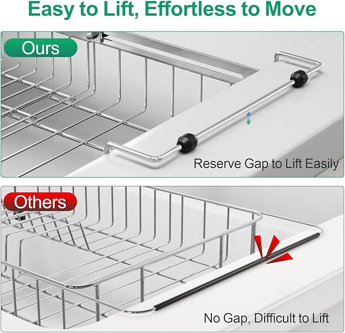 GSlife in Sink Dish Drying Rack - Capacity Expandable Stainless Steel Over Sink Dish Drainer Drying Rack (13.4''-20.4'') with Silicone Mat for Kitchen Counter Large Capacity, Black