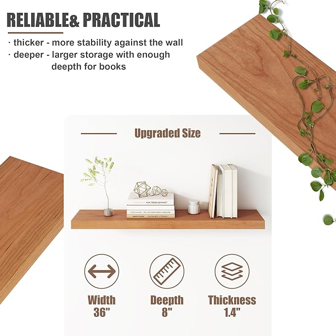 Floating Shelves for Wall, USA-Sourced Cherry Wood 36 Inch Long Wall Shelves Set of 2, Natural Wooden Wall Mounted Picture Ledge Shelf, Nursery Book Storage Shelf Kids Bookshelf, Display Shelf