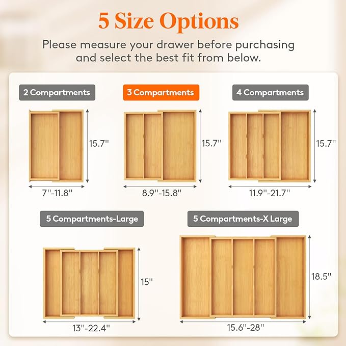 Lifewit Utensil Drawer Organizer, Expendable Cooking Silverware Tray for Kitchen Drawer, Bamboo Adjustable Cutlery Flatware Holder, Spatula Tools and Gadgets Storage Divider, 3 Compartments, Natural