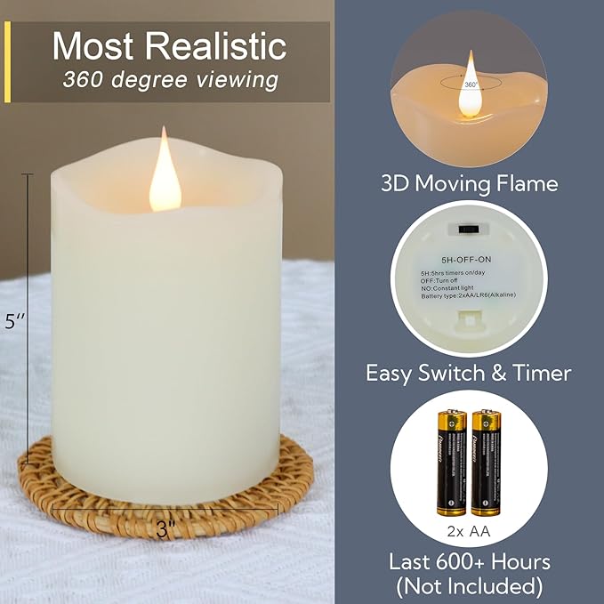 Flameless Candles Battery Operated with Remote Timer, 3D Moving Flame Flickering, Last 600+ Hours Battery Candles, 3" x 5" Ivory Real Wax Electric LED Candle for Wedding Party, Set of 2