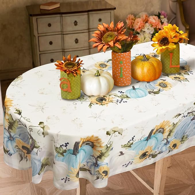 Fall Pumpkin Tablecloth Buffalo Plaid Thanksgiving Autumn Table Cloth 60"x102", Waterproof Fall Table Cover for Fall Harvest Party Decoration-Blue Pumpkin