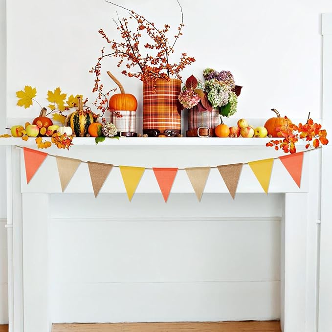 G2PLUS Pre-Strung Burlap Pennant Banner, 39Ft Orange Yellow Triangle Flag Bunting, 36pcs Pennant Banner Flags Garland for Fall, Thanksgiving, Farmhouse and Party Decor