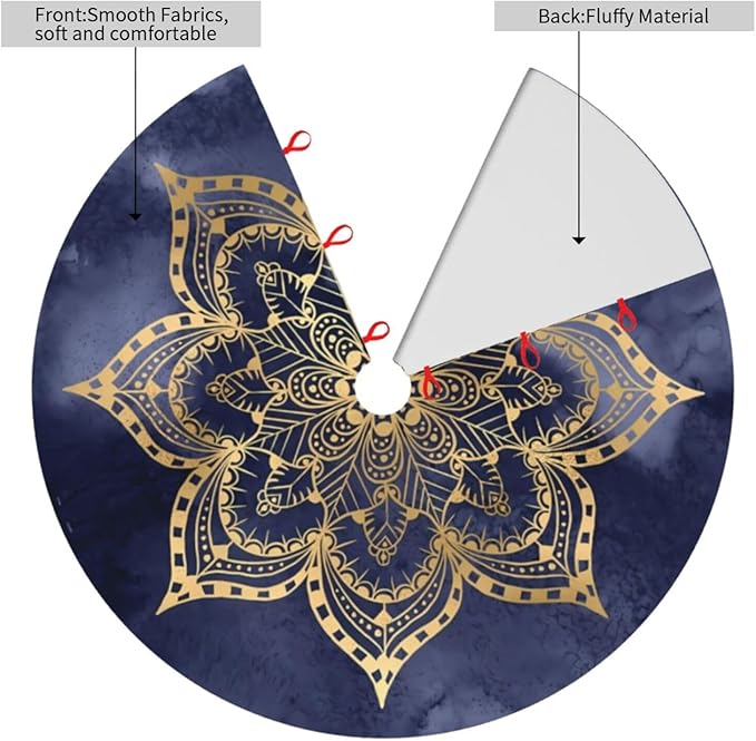 36" Large Christmas Tree Skirt, Boho Mandala Gold Navy Blue Ink Texture Round Cushion Pattern Tree Mat Base Cover for Xmas Festive Holiday Party Decoration Ornaments