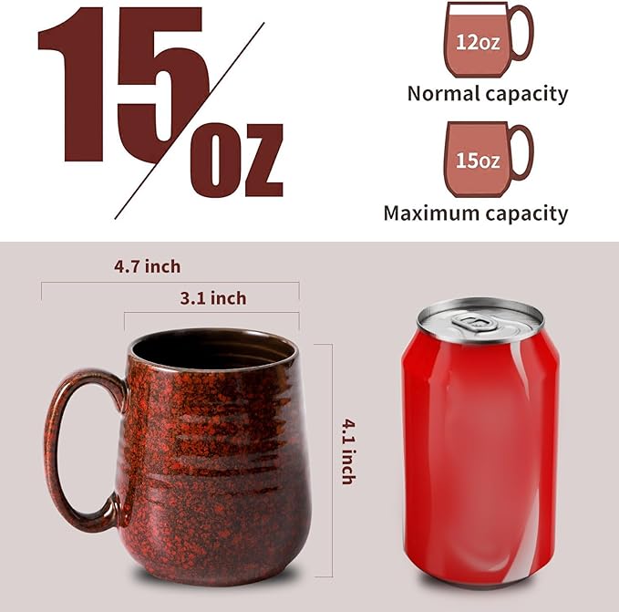 Hasense Coffee Mugs Set of 6, 15 Ounce Ceramic Coffee Cups Set with Handle,Porcelain Tea Mug for Kitchen, Red Cup for Tea,Cocoa,Dishwasher and Microwave Safe