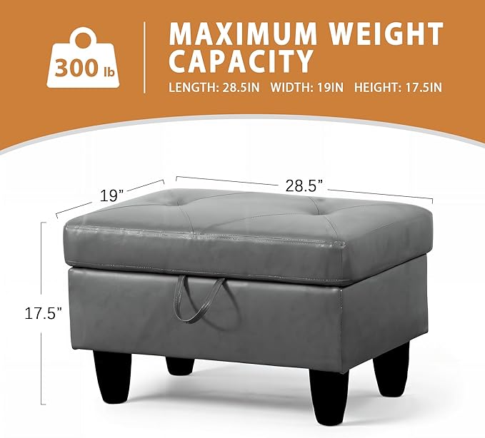 Ottoman Rectangular Storage Ottoman Bench, Faux Leather Footrest, Coffee Table, Stool Footstool with Hinged Lid for Living Room, Bedroom, Entryway, Gray, 28.5"x19"x17.5"