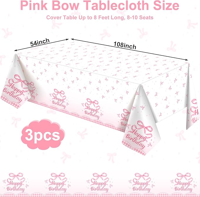 3 Pack Coquette Pink Bow Plastic Tablecloth, 54 X 108Inch Disposable Pink Bow Table Cloth for Rectangle Tables Waterproof Table Cover for Girls Bridal Wedding Birthday Party