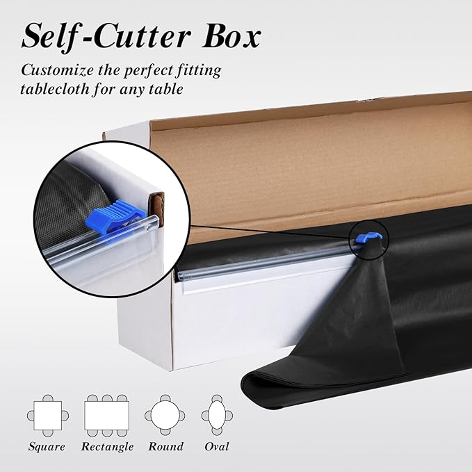 Goodluck 54 Inch X 300 Feet Plastic Table Cloths with Cutter Box, Black Disposable Table Cover Roll, Plastic Tablecloth for Party, Banquet, Wedding, Birthday, Anniversary