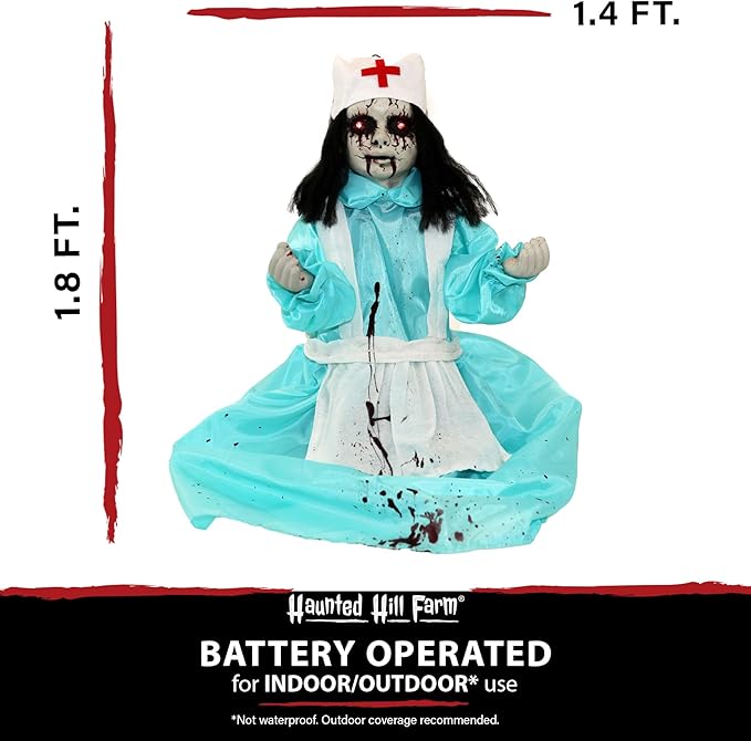 Haunted Hill Farm 1.8 ft. Groundbreaker Zombie Nurse Animatronic with Flashing Red Eyes and Poseable Arms, Creepy Halloween Decoration with Sound Effects, Battery Operated Prop