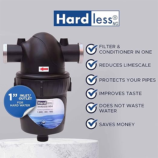 Hardless NG4 Whole House Water Filter - Salt-Free Softening Device - Reduces Limescale, Sediment & More - Compact, Easy to Install - Comes w/ 1" Inlet/Outlet- Filtration System for Extra Hard Water