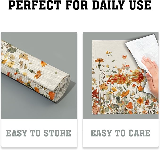 Fall Floral Placemats Set of 4 12x18 Inch Autumn Wildflower Vintage Rustic Washable Non-Slip Heat Resistant Place Mats Thanksgiving Table Mats for Party Kitchen Dining Room