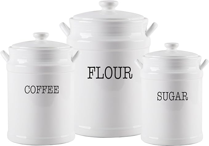 Ceramic Canister Set with Airtight Lids - 3-Piece Kitchen Storage for Flour, Sugar, Coffee, Tea & Spices - Modern Countertop Decor