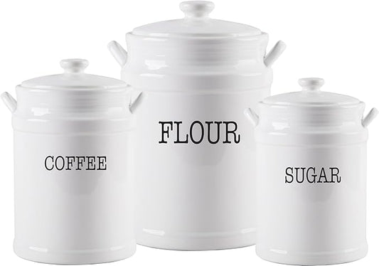 Ceramic Canister Set with Airtight Lids - 3-Piece Kitchen Storage for Flour, Sugar, Coffee, Tea & Spices - Modern Countertop Decor