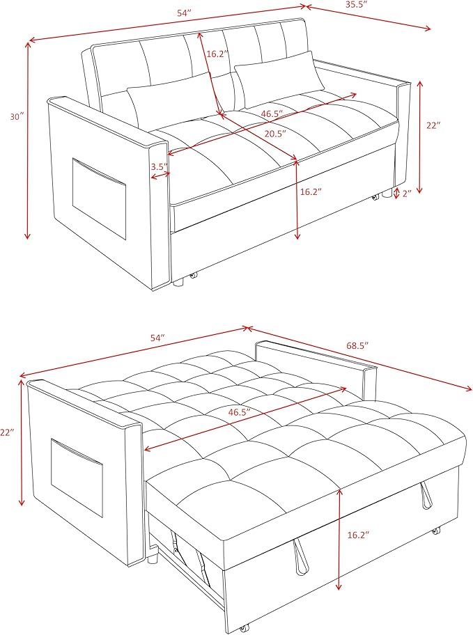 3 in 1 Convertible Sleeper Sofa Bed, Couch with Pull Out Bed with Side Pocket, Convertible Love Seat Sleepers Couch for Living Room, Bedroom, Black