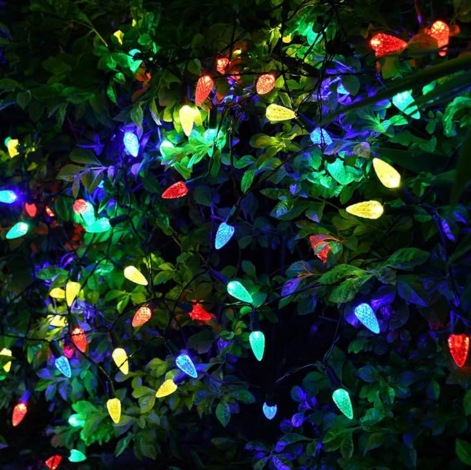 2 Pack Solar Christmas Lights Outdoor C6 Strawberry String Lights, LED Christmas Fairy Lights 50 LEDs Solar Operated Rechargeable Garden Lights for Christmas Tree, Arbor Decor (Multicolor, 8 Modes)