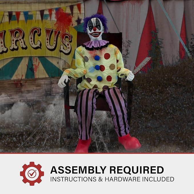 Haunted Hill Farm Motion-Activated Thrashing Clown with a Meat Cleaver by Tekky, Sitting Halloween Animatronic for Indoor or Covered Outdoor Creepy Halloween Decorations, Plug-in or Battery Operated