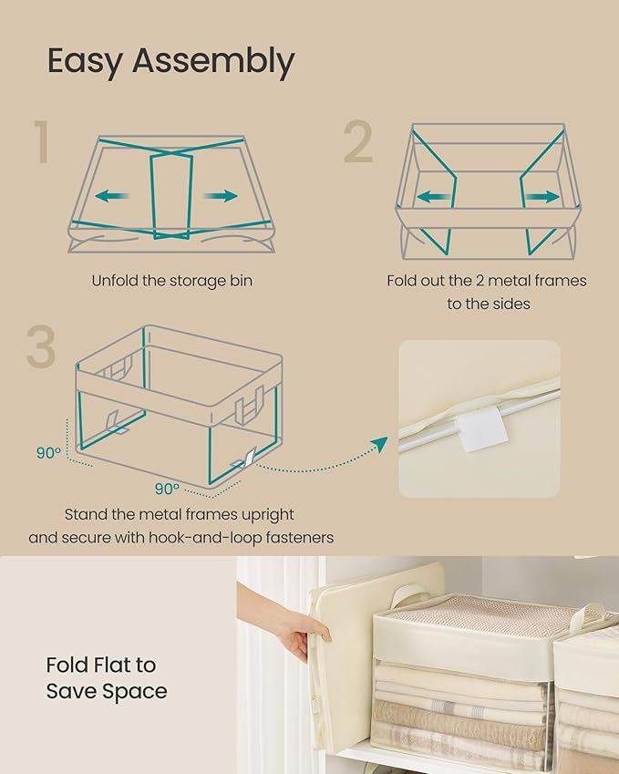 SONGMICS ClosetOrganizers Set of 3, Medium Fabric Storage Baskets, Foldable Organizer with Transparent Nylon Mesh, 15.7 x 11.8 x 9.8 Inches, Handles, for Bedroom, Living Room, Cream White URFB940W01
