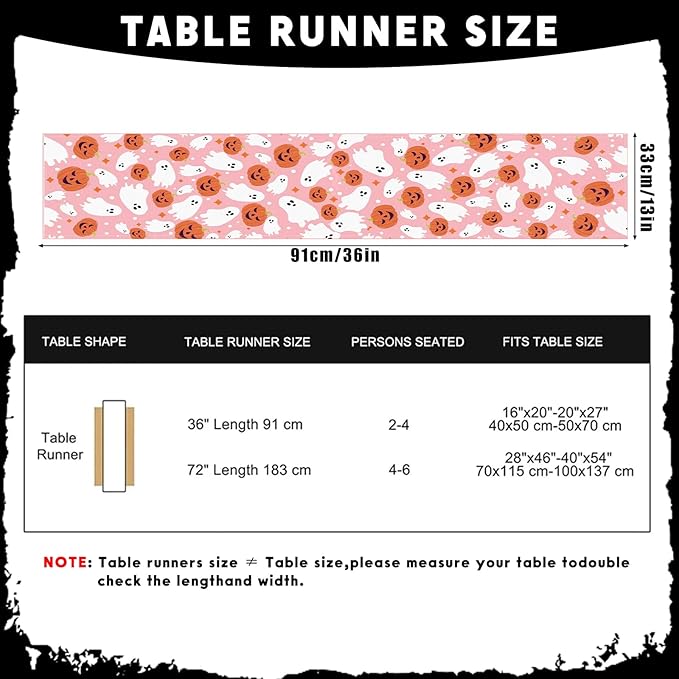 Halloween Table Runner Cute Spooky Ghost Pumpkin Table Linen Runner Pink Kitchen Dining Decoration Holiday Halloween Table Decoration for Holiday Indoor Outdoor Home Party Decor 13x36 Inch