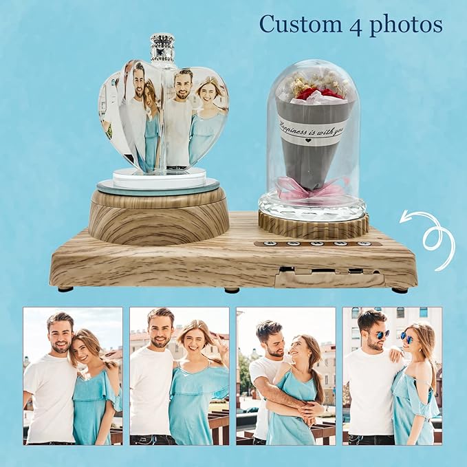3D Crystal Photo, Personalized 4 Photos-Color Print Picture, Crystal Night Light Family Baby Mother Lover Daddy Day Gift, Rotating Windmill Rose Ornament lamp