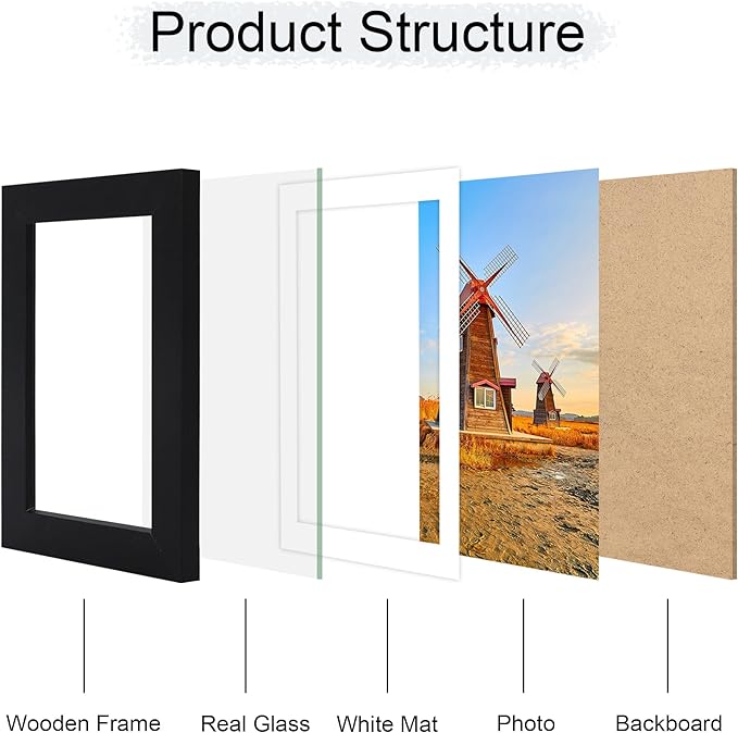 4x6 Picture Frame Set of 4, 4 x 6 Wood Photo Frames with Mat for 3.5x5, Wooden Frame with Real Glass Cover for Wall and Tabletop Display,Black