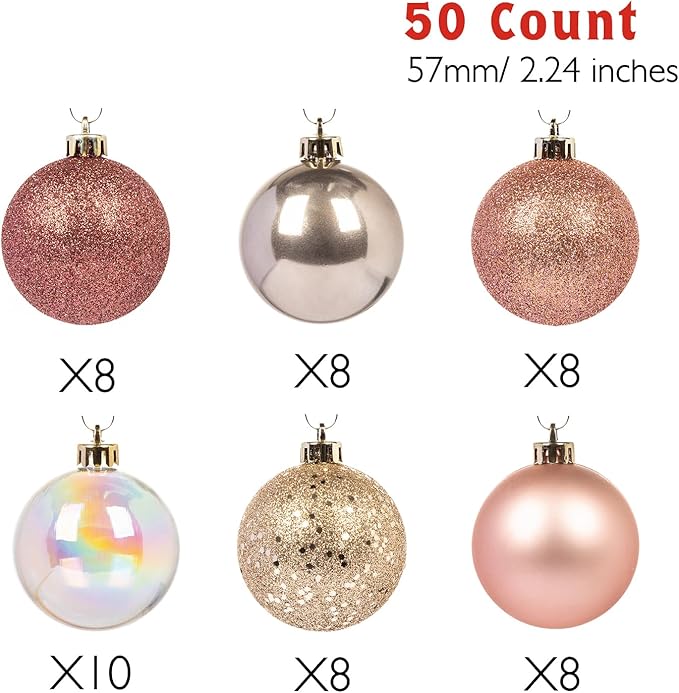Every Day is Christmas Ornaments, Shatterproof Christmas Tree Ornament Set, Christmas Balls Decoration 50 Count (2.24"/57mm, Pink Gold)